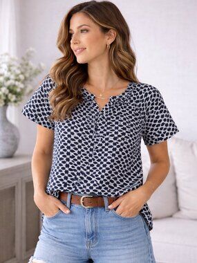 LOFT Navy White Eyelet Lace Blouse Small Boho Short Sleeve Summer Top